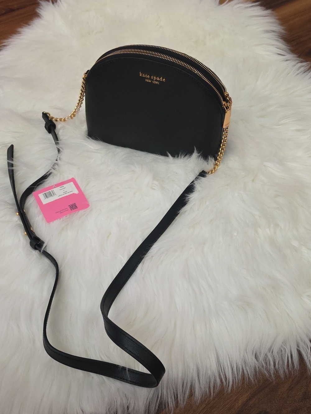kate spade Black Dome Crossbody Gold Chain Saffiano Double Zip Morgan Purse Bag